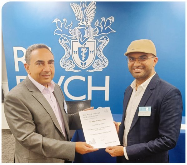 Dr. Harkishan Mamtani, prestigious Overseas Bursary Award, Neuropsychiatry Faculty of the Royal College of Psychiatrists, London. Chair of Neuropsychiatry Faculty at the annual conference held at the Royal College of Psychiatrists in London.
